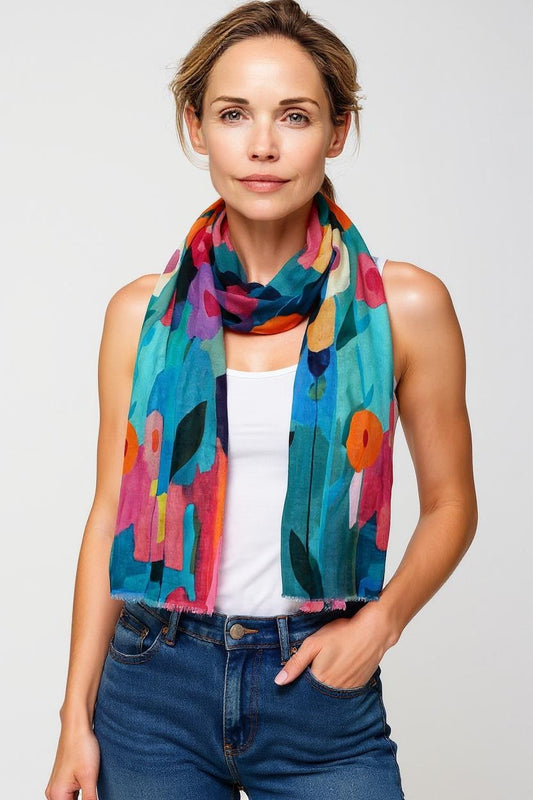 Vibrant Poppy Garden Symphony Scarf – Cotton Modal Silk | Bold Abstract Floral Wrap with Teal and Fuchsia Accents