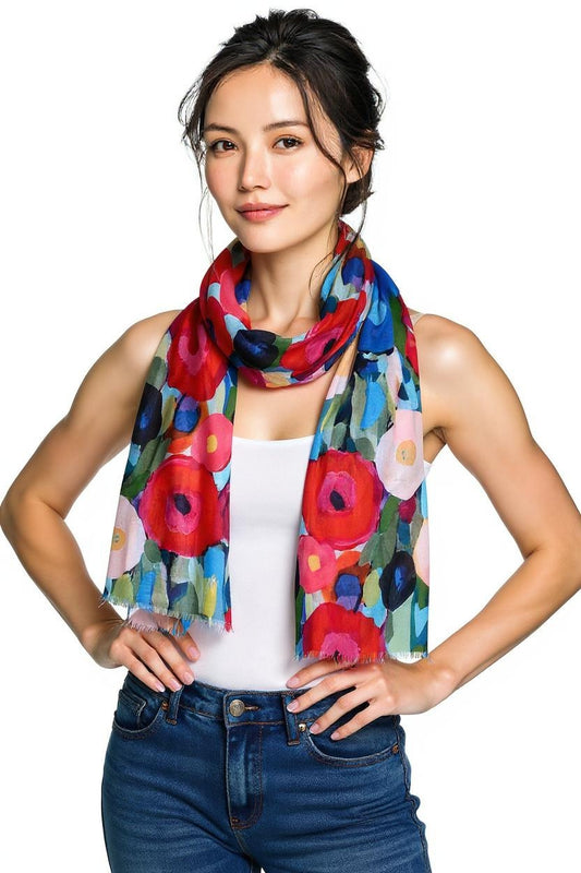Artisan Poppies Garden Bloom Scarf – Fine Merino Wool Designer Wrap | Blue, Crimson & Ivory Floral Abstract Print