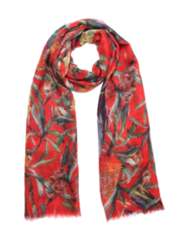 Red Cockatoo Banksia Scarf – Fine Merino Wool Silk  | Australian Native Floral Bird Print