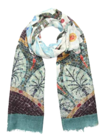 Mosaic Tile Scarf – Luxury Modal Silk Wrap | Artistic Floral & Geometric Pattern With Turquoise Green Hem