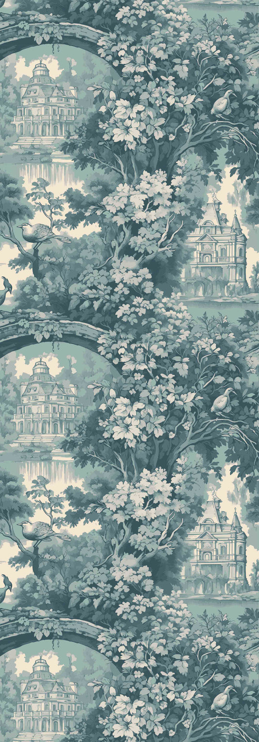 Sage Garden Pavilion Silk Scarf – Vintage Architectural Toile Print