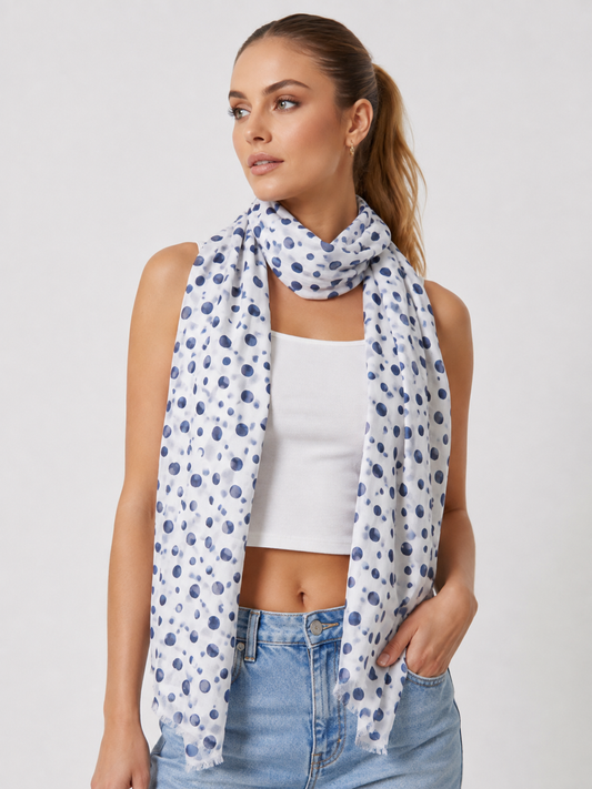 Navy Blue Dot Print Modal Silk Scarf