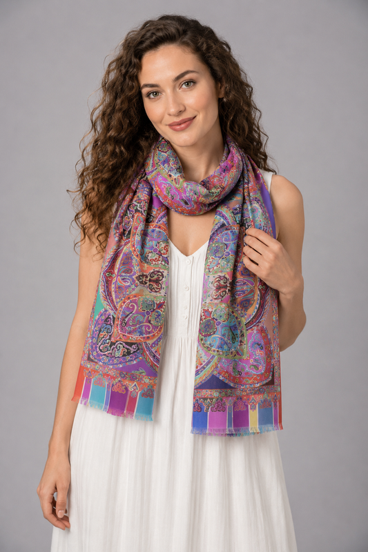 Multicolour Ornate Paisley Medallion Print Modal Silk Scarf