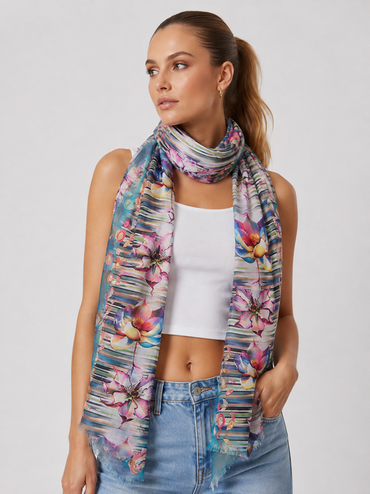 Artistic Pink & Blue Blossom Floral Stripe Print Modal Silk Scarf