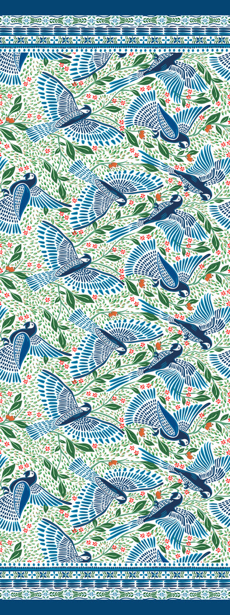 Blue Flying Birds & Botanical Garden Print Modal Silk Scarf