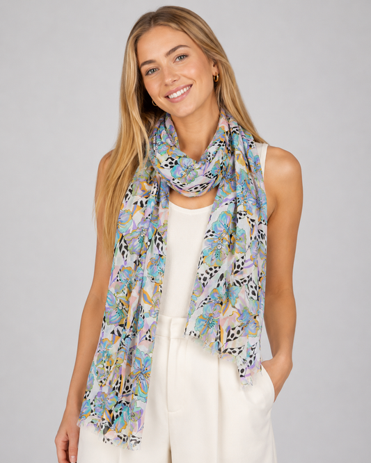 Bufanda de diseño de seda merino fina con diseño floral