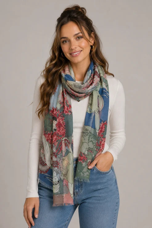 Vintage Riviera Fashion Illustration Print linen Scarf