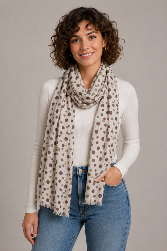 Olive Green & Chocolate Brown Organic Dot Print Modal Silk Scarf