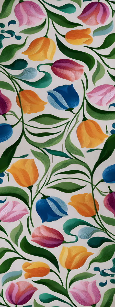 Hand-Painted Multicolour Tulip & Botanical Garden Print Modal Silk Scarf
