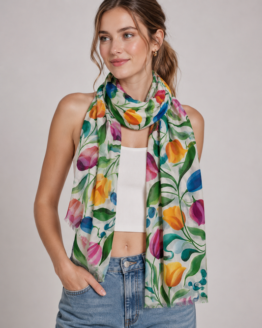 Hand-Painted Multicolour Tulip & Botanical Garden Print Modal Silk Scarf