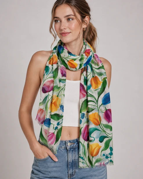 Hand-Painted Multicolour Tulip & Botanical Garden Print Pure Silk Scarf