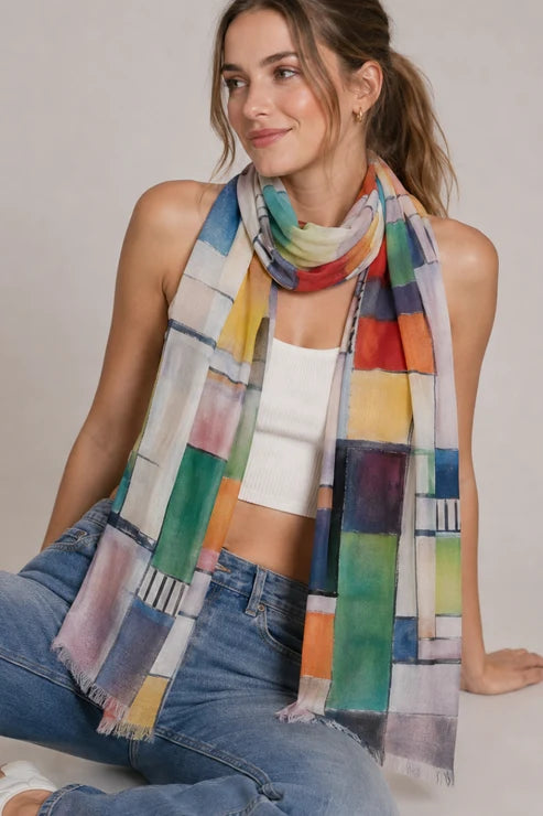 Modern Abstract Geometric Blocks Print Merino Wool Scarf