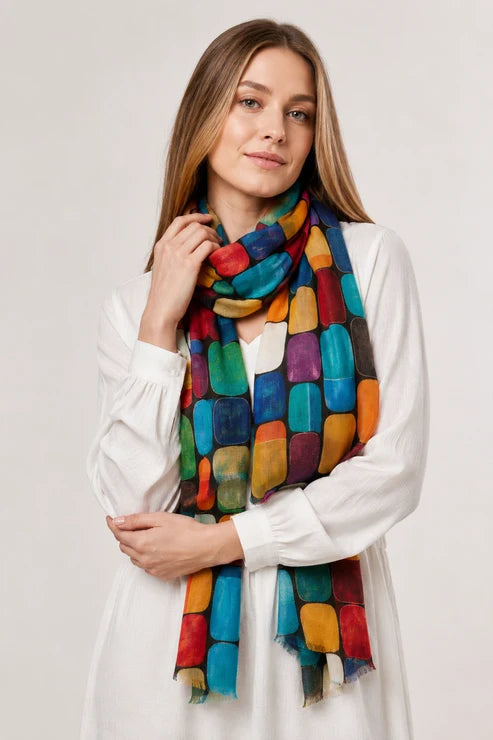 Multicolour Abstract Rounded Geometric Blocks Print Merino Wool Scarf
