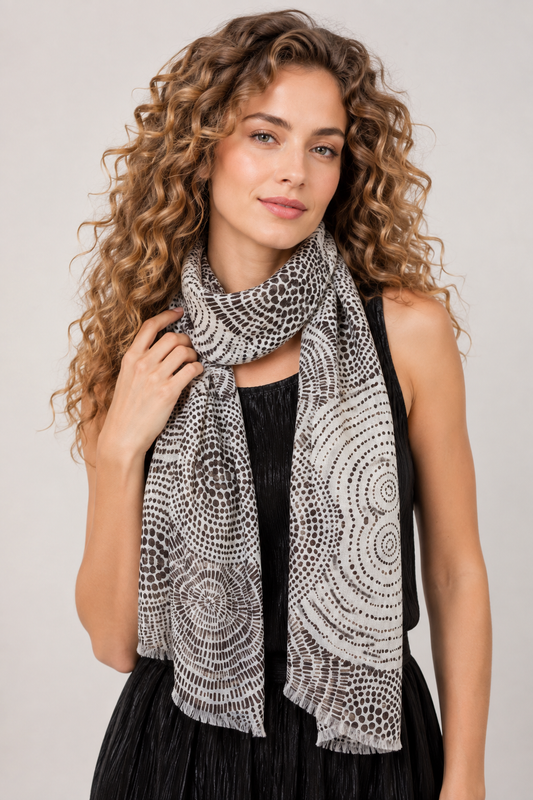 Black & White Concentric Dot Mandala Print Modal Silk Scarf