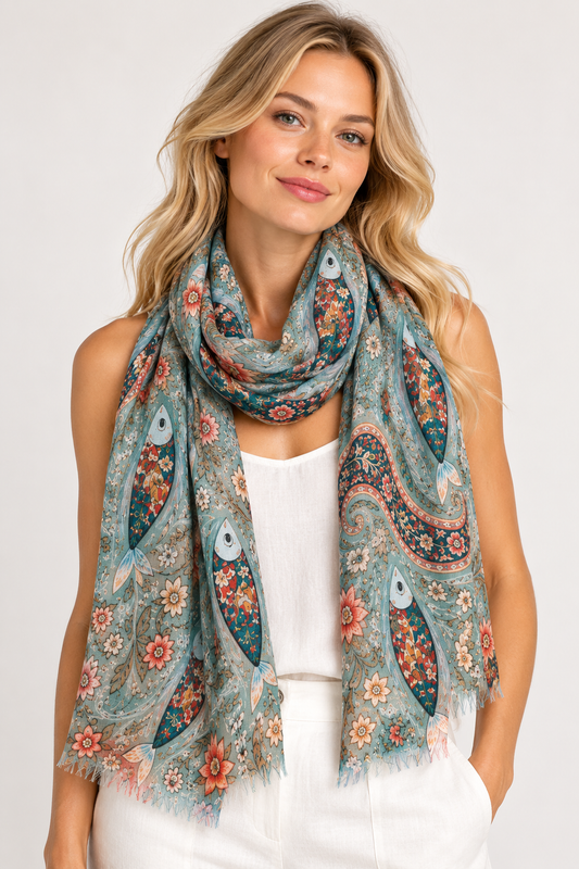 Aquatic Paisley Heritage Pure Silk Scarf