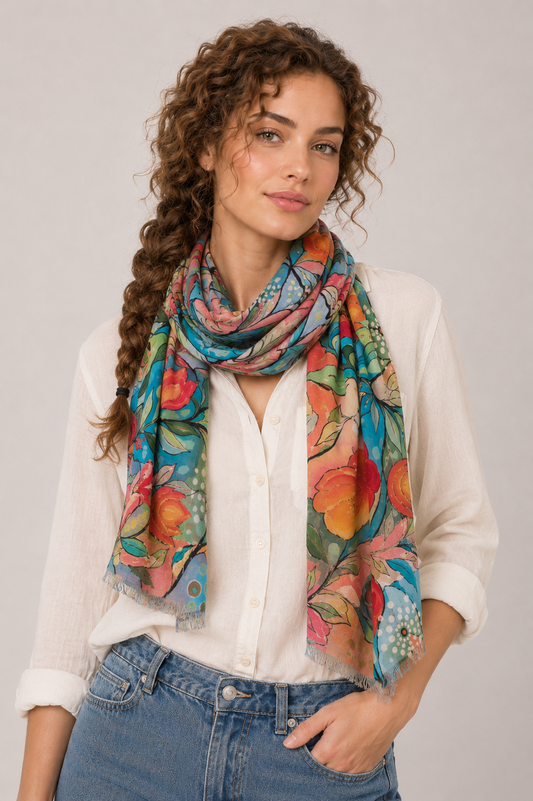 Vibrant Botanical Garden Modal Silk  Scarf