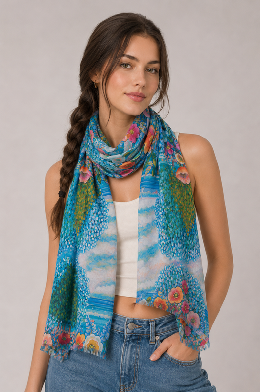 Coastal Garden & Sailboat Modal Silk Scarf