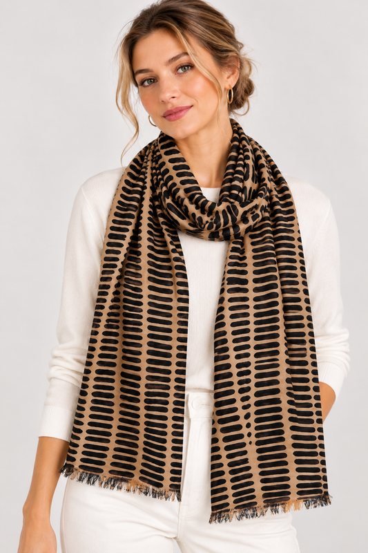 Topographic Ochre & Ink Abstract Pure Silk Scarf