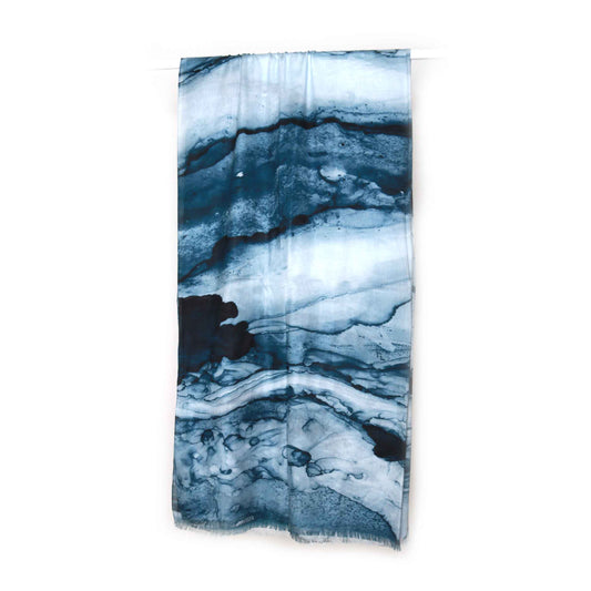 Midnight Marble Abstract Scarf – Merino Wool Silk Designer Wrap | Artistic Geometric Nature Print