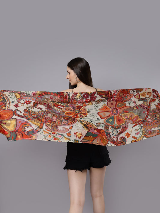 Floral Merino Wool Designer Embroidered  Scarf