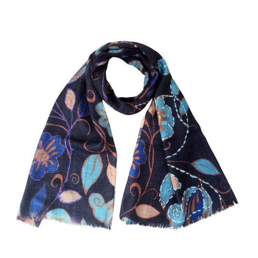 Floral Kantha Embroidered Merino Wool Designer Scarf