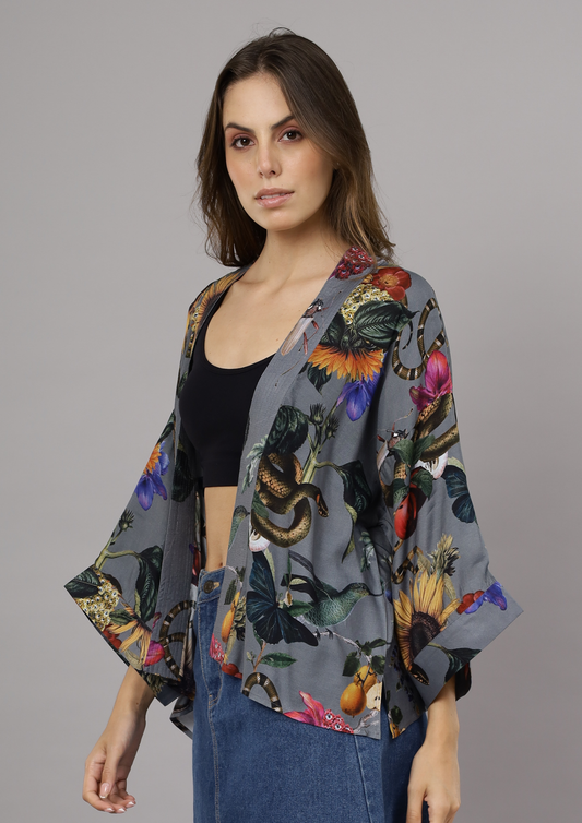Midnight Serpent Garden Short Kimono – Exotic Botanical Cotton Velvet Jacket