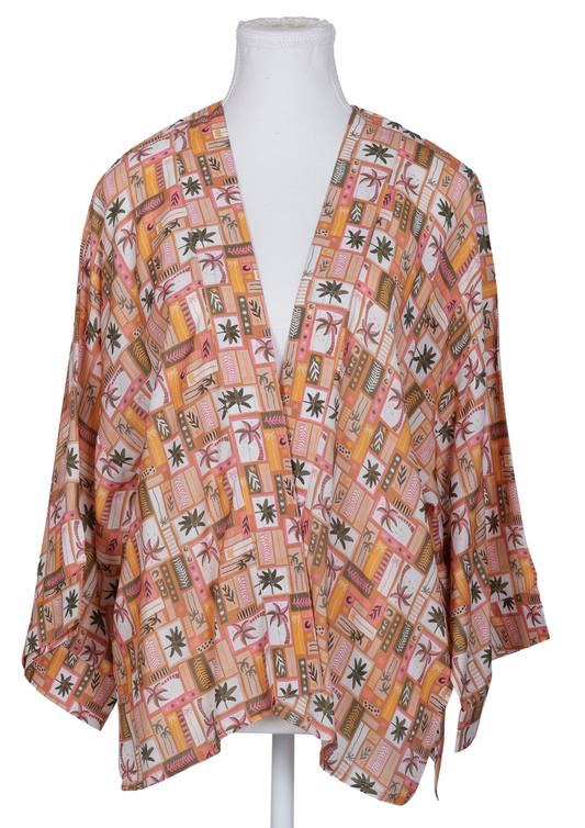 Sunset Palm Mosaic Short Kimono – Cotton Velvet  Tropical Patchwork
