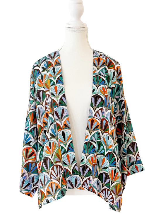 Art Deco Fan Mosaic Short Kimono – Retro Cotton Velvet Jacket
