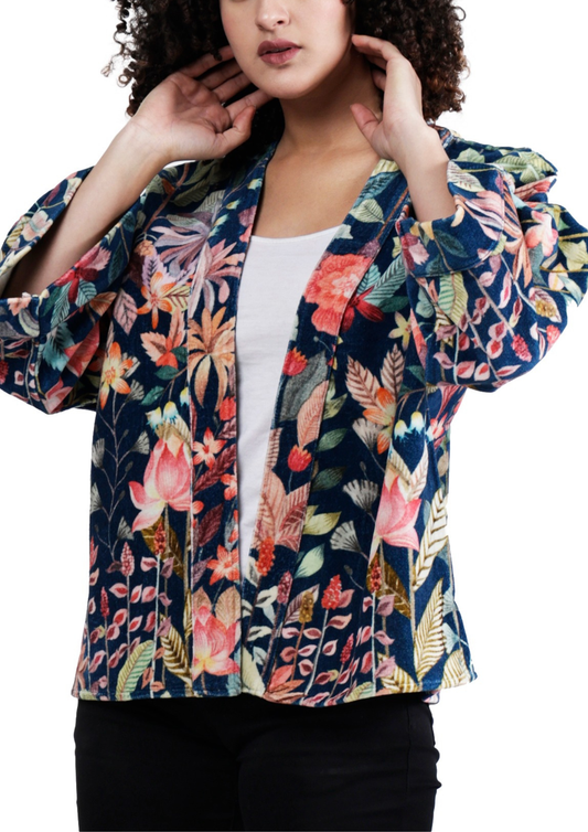 Midnight Lotus Garden Short Kimono – Navy Floral