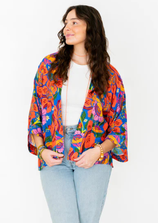 Vivid Bloom Garden Short Kimono – Bold Floral Cotton Velvet Jacket