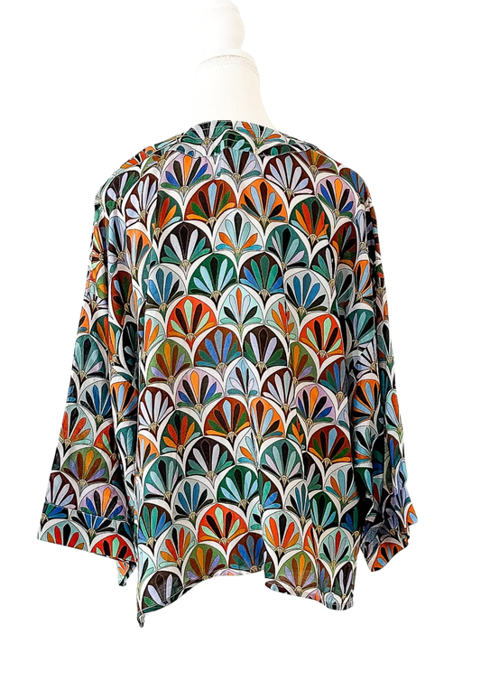 Art Deco Fan Mosaic Short Kimono – Retro Cotton Velvet Jacket