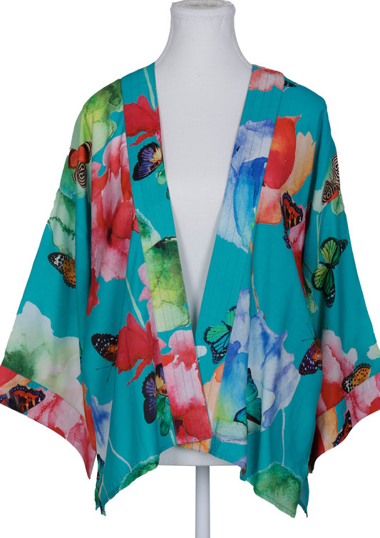 Tropical Butterfly Bloom Short Kimono – Teal Floral Cotton Velvet Jacket