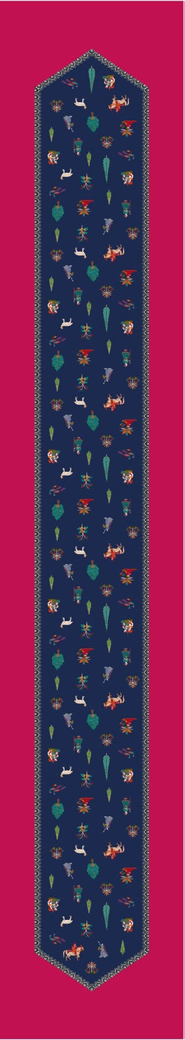 Navy Blue Multicolour Motif Silk Skinny Scarf