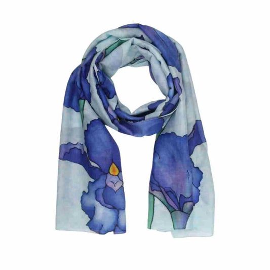 Iris Bloom Floral Scarf –  Pure Silk Designer Wrap | Blue Botanical Print