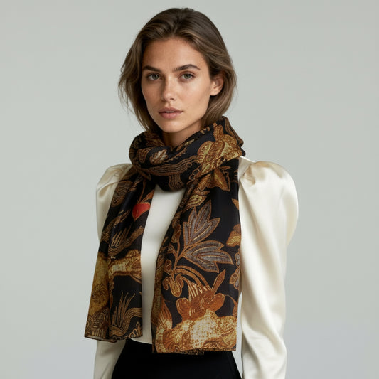 Imperial Heritage Floral Art Scarf – Merino Wool Silk Designer Wrap | Ornate Floral Abstract Print