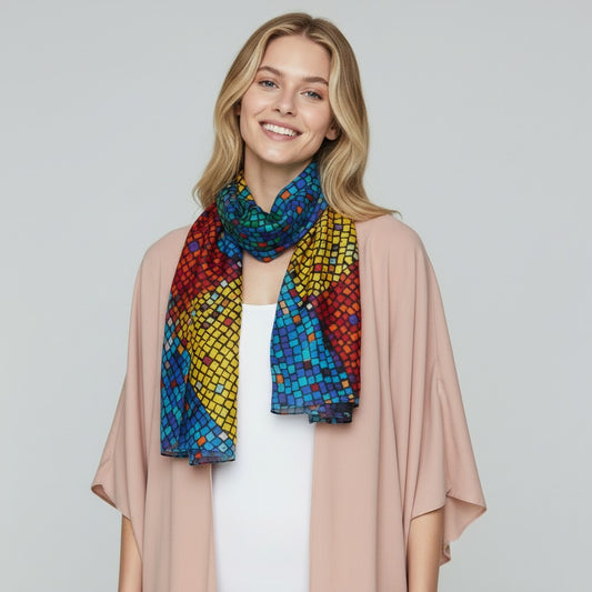 Rainbow Mosaic Abstract Scarf – Merino Wool Silk Designer Wrap | Colorful Geometric Artistic Print
