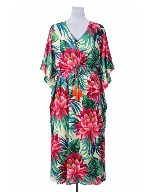 Tropical Bloom Modal Satin Kaftan – Elastic Waist Long Kaftan Dress