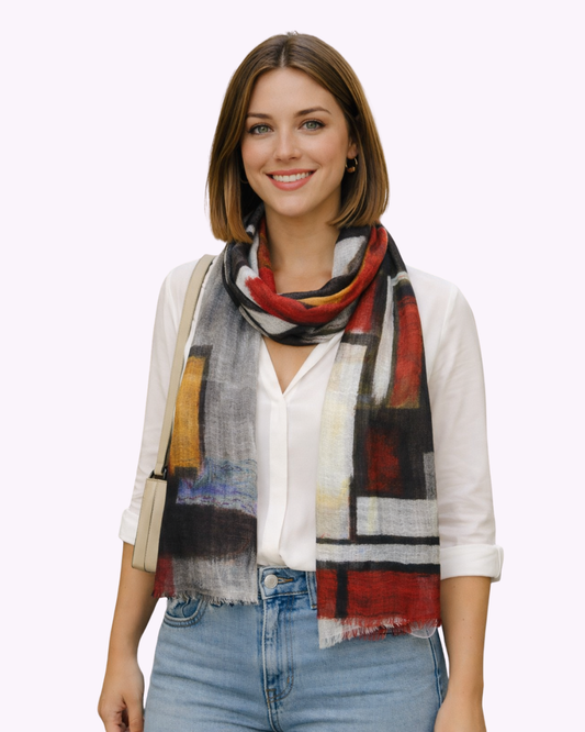 Modern Geometric Abstract Scarf – Merino Wool Silk Designer Wrap | Mondrian Style Art Print