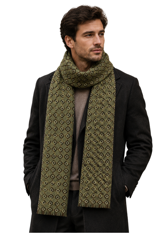 Unisex Olive Heritage Diamond Textured Woven Merino Silk Scarf