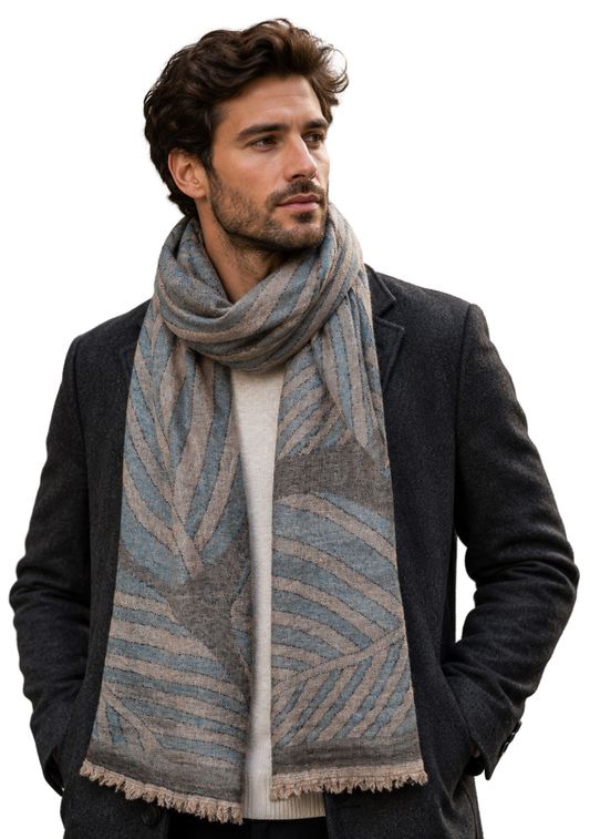 Blue & Beige Textured Merino Wool Scarf – Abstract Stripe Pattern Lightweight Winter Wrap