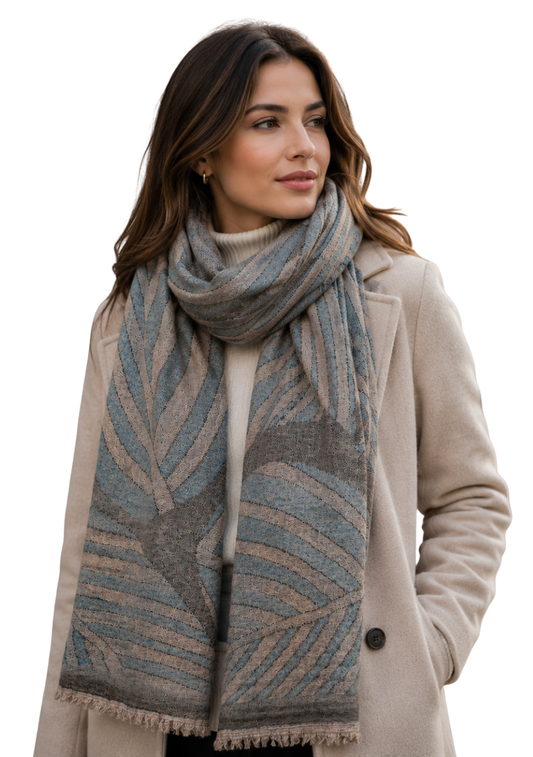 Blue & Beige Textured Merino Wool Scarf – Abstract Stripe Pattern Lightweight Winter Wrap