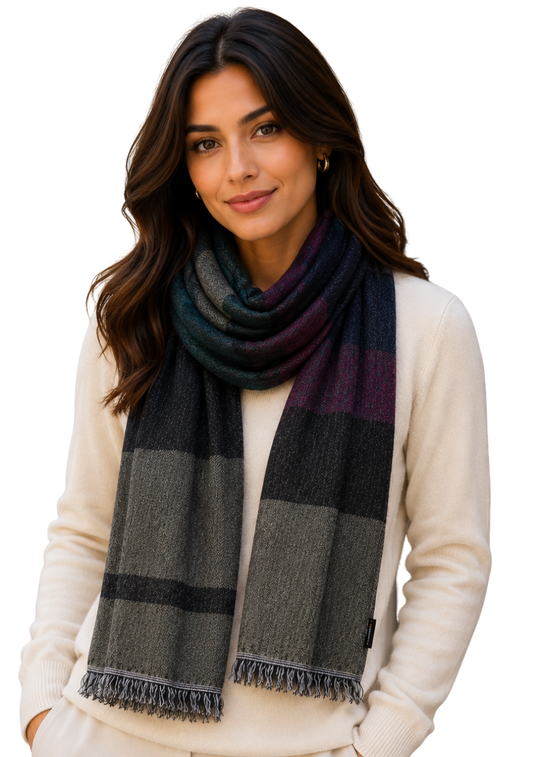 Unisex Multicolor Block Merino Wool Scarf – Olive Green, Teal & Burgundy Lightweight Winter Wrap
