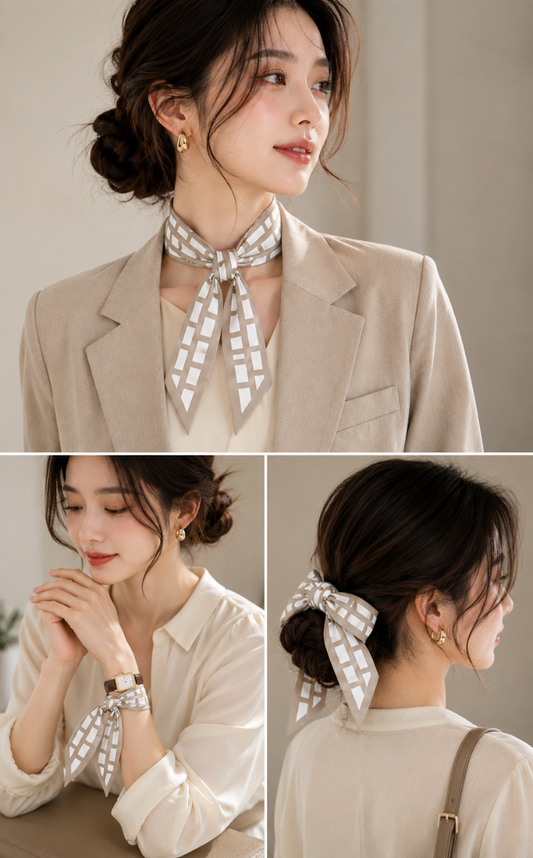 Geometrical Grey Silk Skinny Scarf