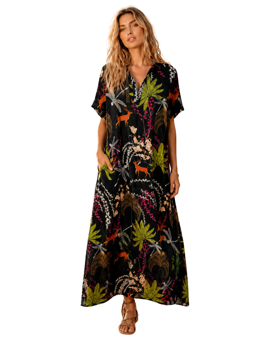 Vestido largo hasta el tobillo con corte A y estampado tropical.