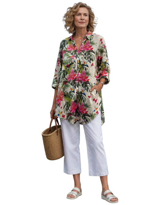 Floral Print Mid-Length Shirt Dress.
