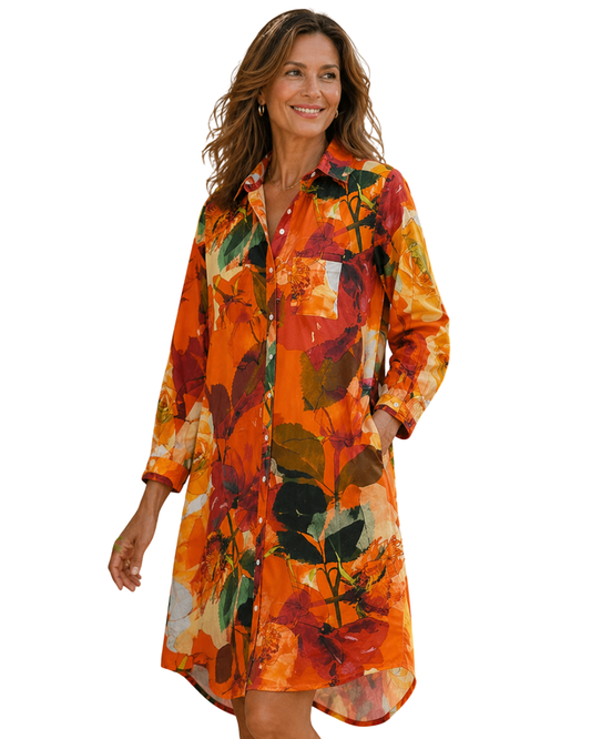 Floral Print Mid-Length Shirt Dress.
