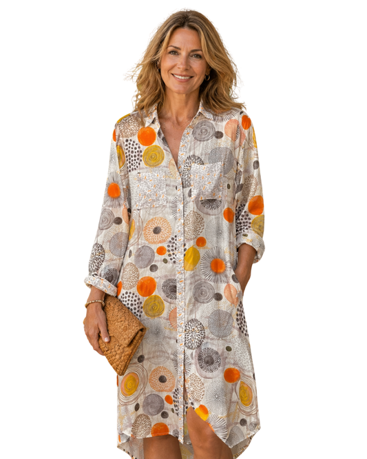 Geometrical Circle Print Mid-Length Shirt Dress.