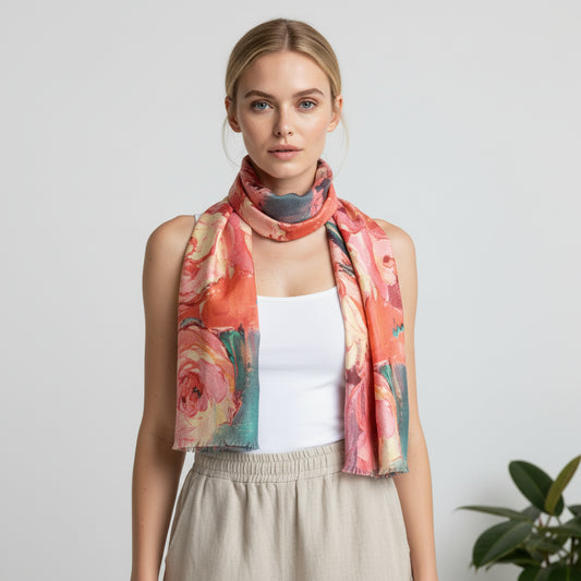 Peony Garden Abstract Floral Scarf – Cashmere Wool Designer Wrap | Floral Print Scarf