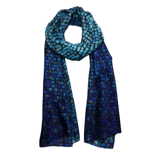 Blue Gradient Mosaic Abstract Scarf – Cotton Modal Designer Wrap | Geometric Tile Art Print