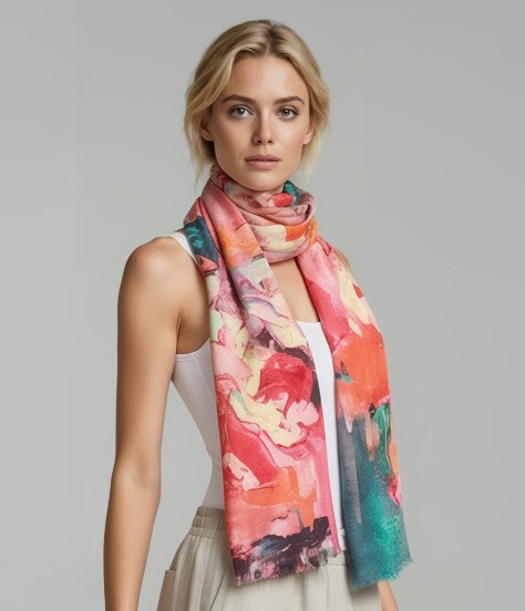 Peony Garden Abstract Floral Scarf – Merino Wool Silk Designer Wrap | Floral Print Scarf